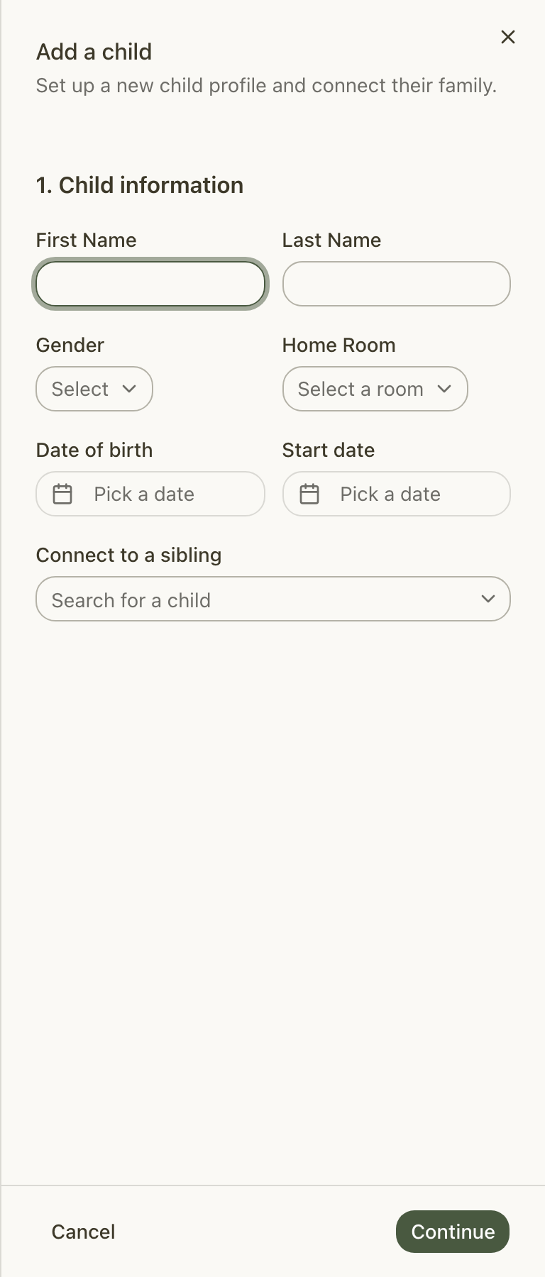 Step 1 of the Add a child flow