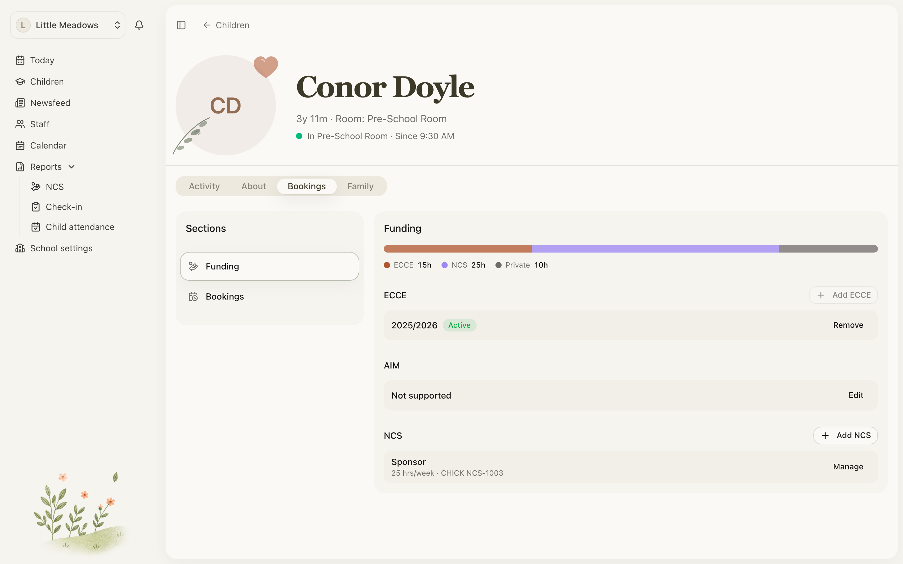 The Bookings tab showing a child's funding