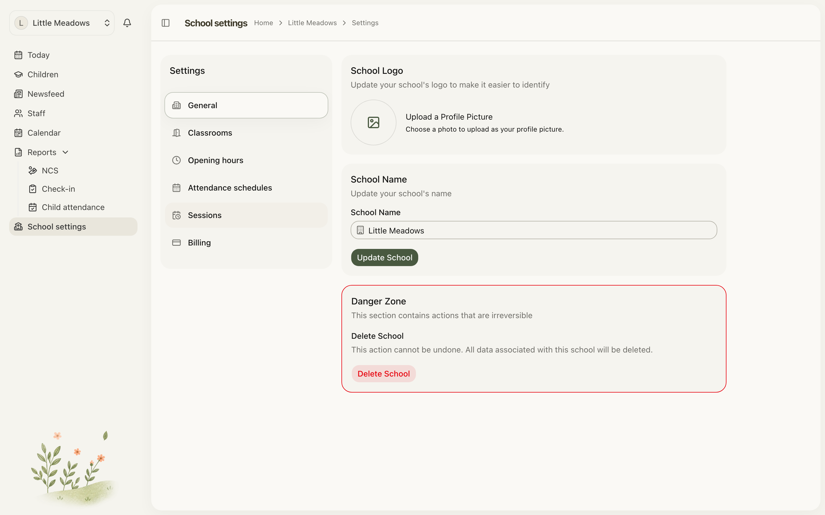 School settings, with the section menu on the left